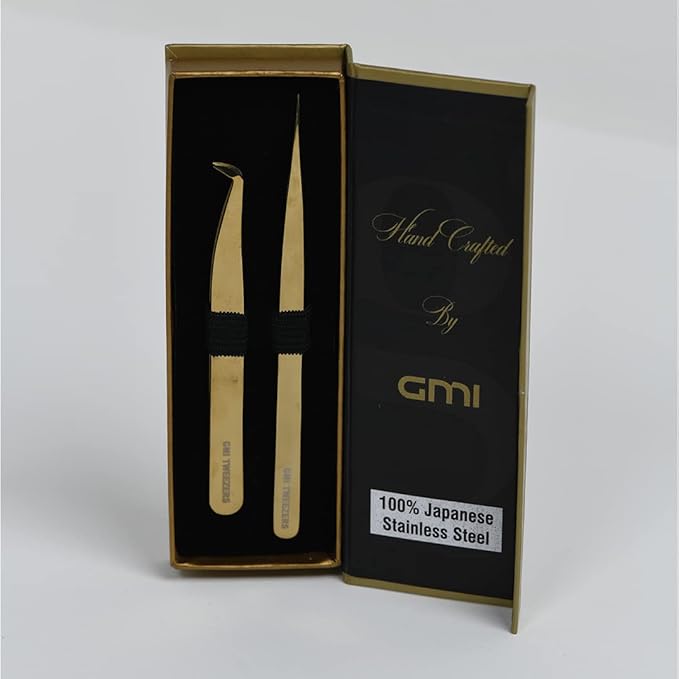 2pcs Black Straight and L-Shaped (Boot) Gold Pointed Eyelash Tweezers for Lash Extension - Stainless Steel Precision Tweezers for Volume and Classic Lashes - False Eyelash Extension Kit. (Gold)