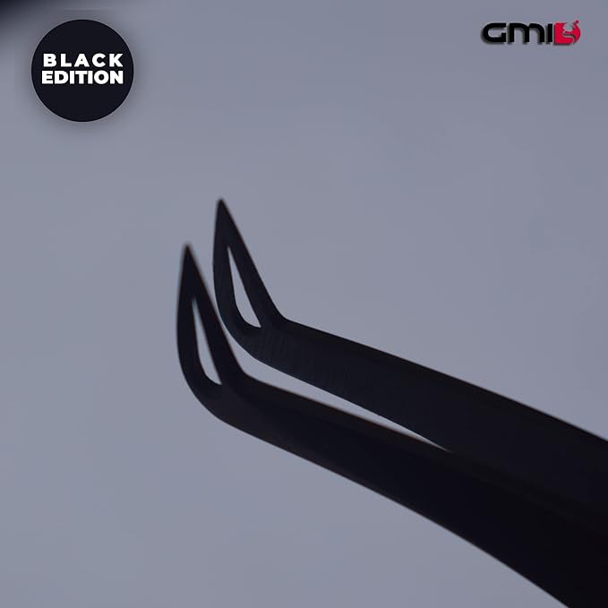 GMI Tweezers - Eyelash Extension Tweezers - Stainless Steel Lash Extension Tweezers - Eyelash extension kit - Lash tweezers for Eyelash Extensions - L-Shaped. (Black)