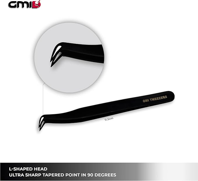 GMI Tweezers - Eyelash Extension Tweezers - Stainless Steel Lash Extension Tweezers - Eyelash extension kit - Lash tweezers for Eyelash Extensions - L-Shaped. (Black)