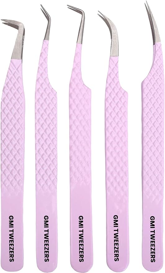 GMI Lash Tweezers - Set of 5 Stainless Steel Eyelash Extension Tweezers - Multipurpose for Individual Extensions (Pink)