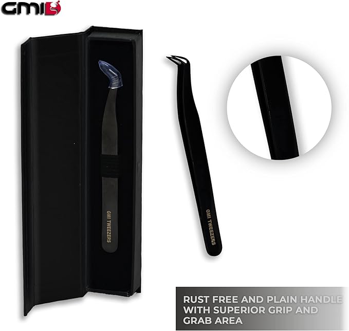 GMI Tweezers - Eyelash Extension Tweezers - Stainless Steel Lash Extension Tweezers - Eyelash extension kit - Lash tweezers for Eyelash Extensions - L-Shaped. (Black)