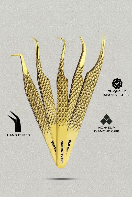 GMI Lash Tweezers - Set of 5 Eyelash Tweezers- Stainless Steel Extension Multipurpose for Extensions Individual. (Gold)