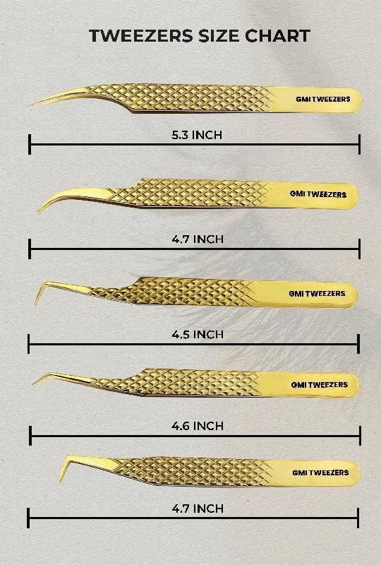 GMI Lash Tweezers - Set of 5 Eyelash Tweezers- Stainless Steel Extension Multipurpose for Extensions Individual. (Gold)