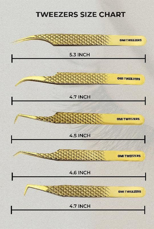 GMI Lash Tweezers - Set of 5 Eyelash Tweezers- Stainless Steel Extension Multipurpose for Extensions Individual. (Gold)