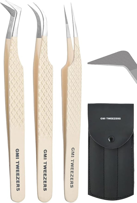 Fiber Tip Lash Tweezers- Pack of 3 Eyelash Extension Tweezers Professional- Lash Tweezers. (Light Nude)