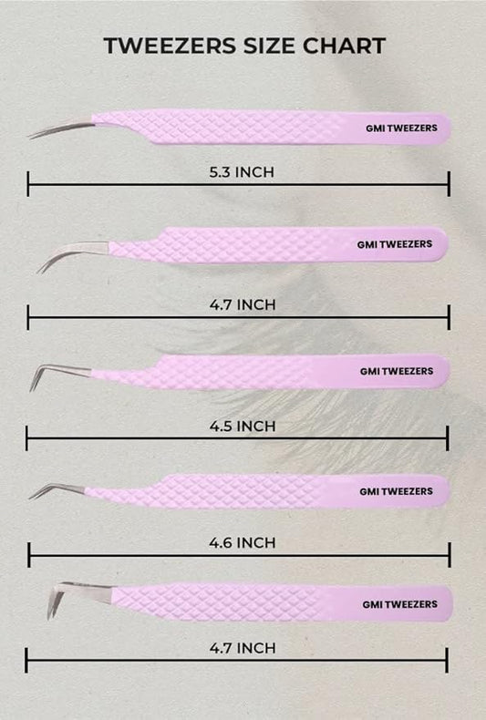 GMI Lash Tweezers - Set of 5 Stainless Steel Eyelash Extension Tweezers - Multipurpose for Individual Extensions (Pink)