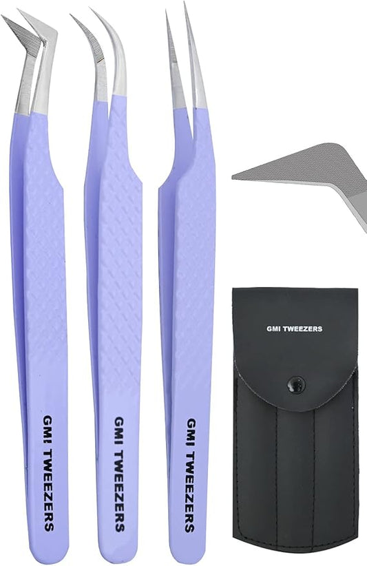 Fiber Tip Lash Tweezers- Pack of 3 Eyelash Extension Tweezers Professional- Lash Tweezers. (Mauve Purple)