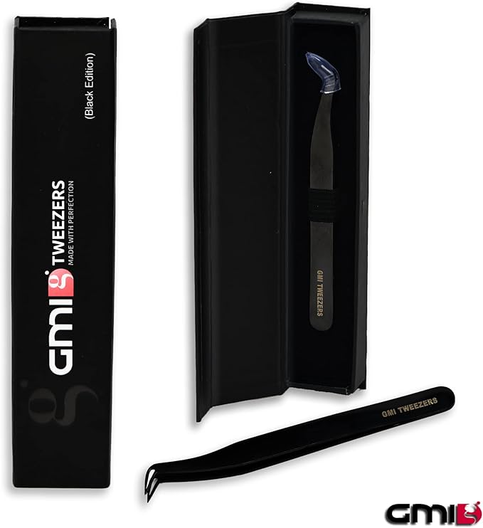 GMI Tweezers - Eyelash Extension Tweezers - Stainless Steel Lash Extension Tweezers - Eyelash extension kit - Lash tweezers for Eyelash Extensions - L-Shaped. (Black)
