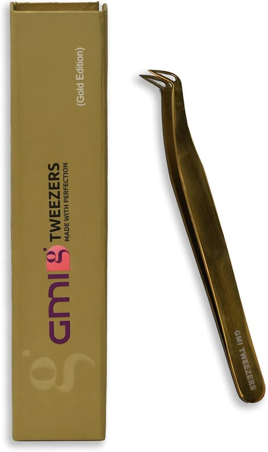 yelash Extension Tweezers - Stainless Steel Eyelash extension Tweezer - Eyelash extension kit for volume - False Eyelash Applicator tool - L-Shaped (Boot) - Golden