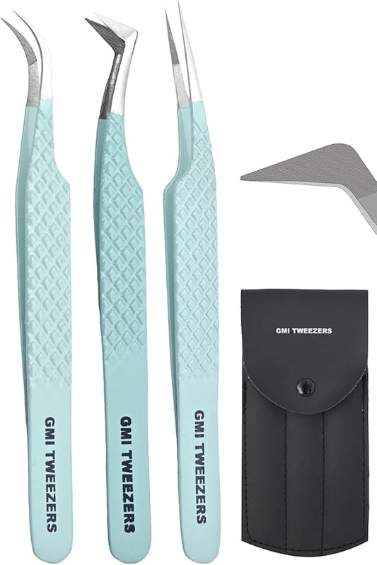 Fiber Tip Lash Tweezers- Pack of 3 Eyelash Extension Tweezers Professional- Lash Tweezers. (Apple Green)