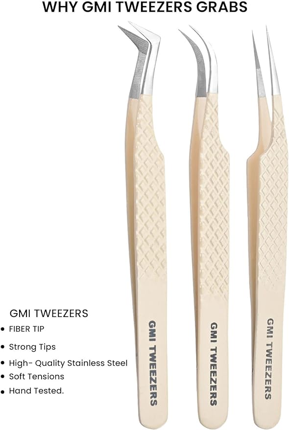 Fiber Tip Lash Tweezers- Pack of 3 Eyelash Extension Tweezers Professional- Lash Tweezers. (Light Nude)