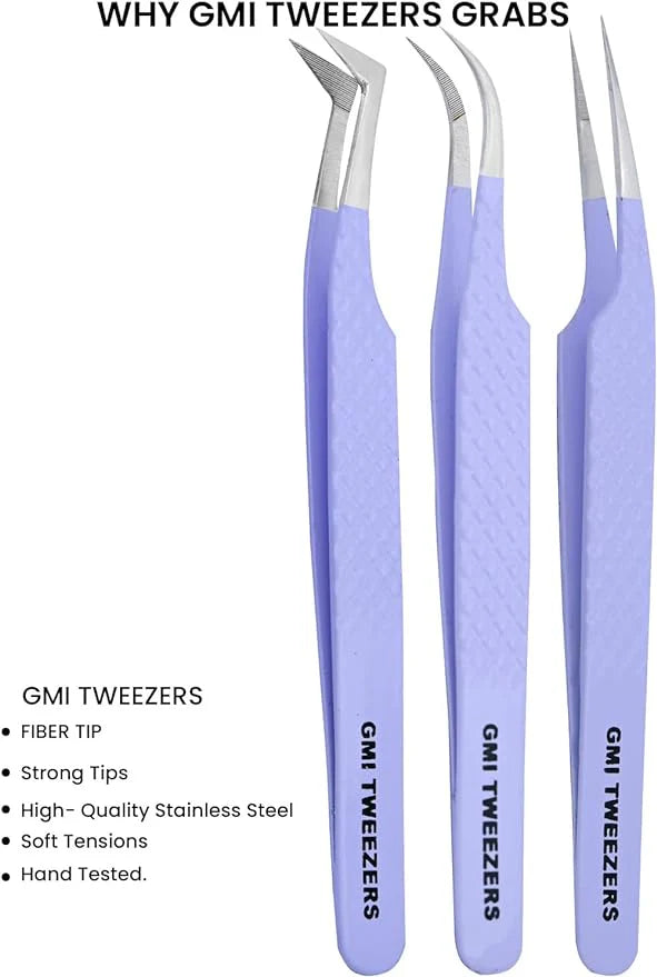 Fiber Tip Lash Tweezers- Pack of 3 Eyelash Extension Tweezers Professional- Lash Tweezers. (Mauve Purple)