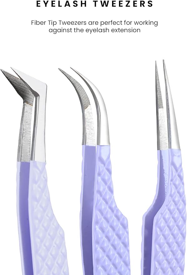 Fiber Tip Lash Tweezers- Pack of 3 Eyelash Extension Tweezers Professional- Lash Tweezers. (Mauve Purple)