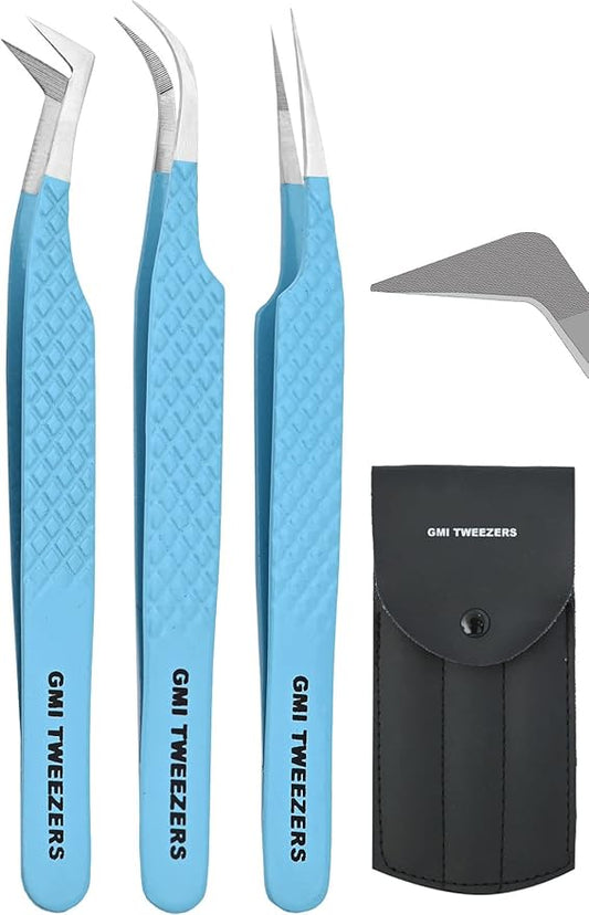 Pack of 3 Professional Fiber Tip Lash Tweezers – Precision Eyelash Extension Tweezers (FIROZI)