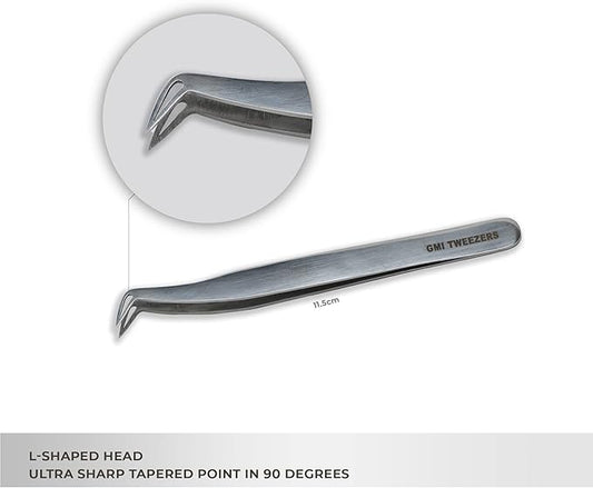 GMI TWEEZERS Eyelash Extension Tweezers - Stainless Steel - L-Shaped (Boot) - Silver