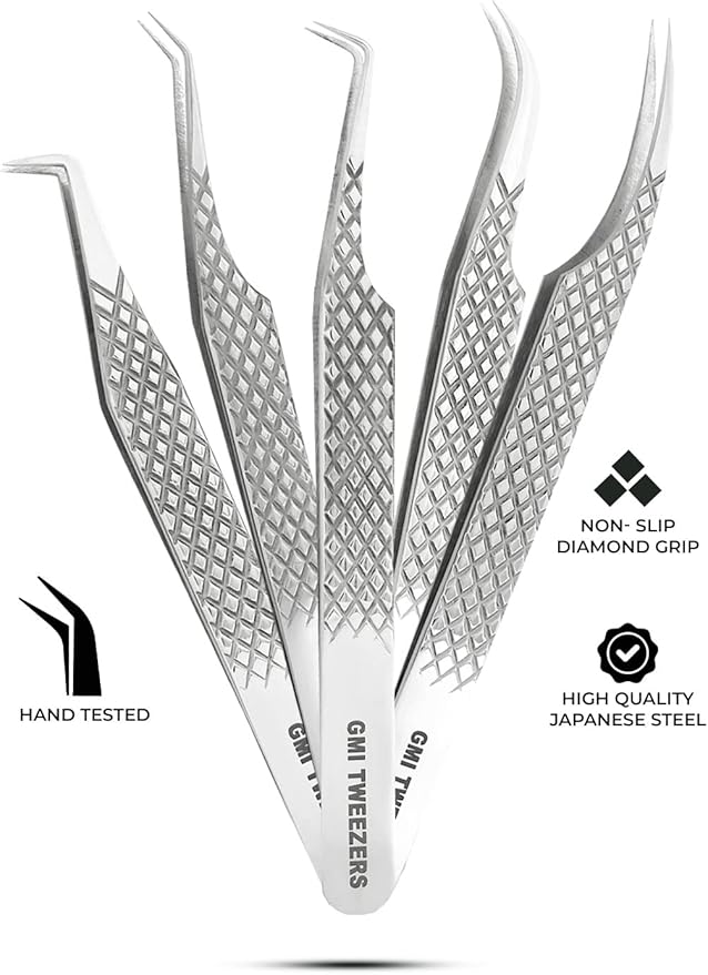 GMI Lash Tweezers - Set of 5 Eyelash Tweezers - Stainless Steel Eyelash Extension Tweezers - Multipurpose Lash Tweezers for Eyelash Extensions for Individual (Silver)