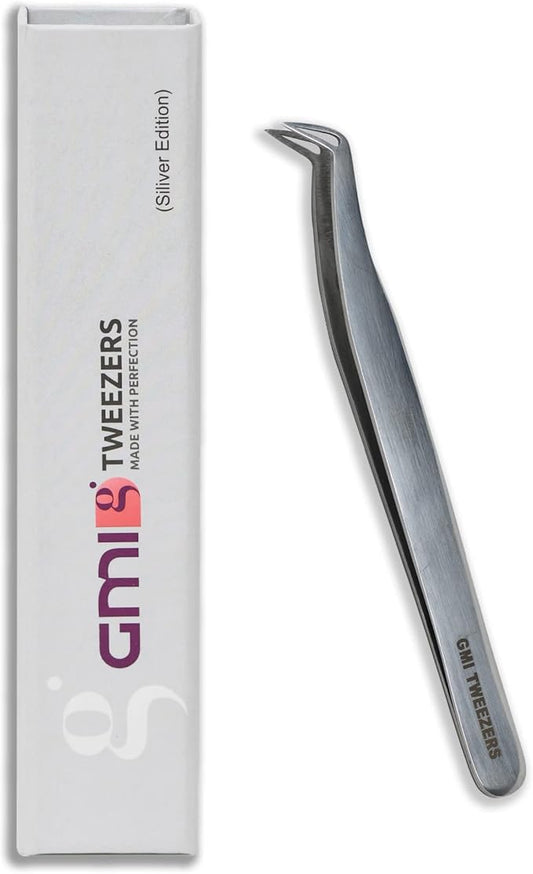 GMI TWEEZERS Eyelash Extension Tweezers - Stainless Steel - L-Shaped (Boot) - Silver