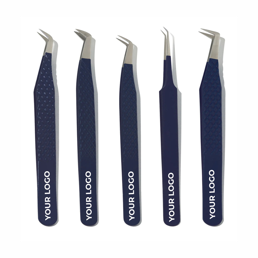 Custom Logo Lash Tweezers – Pack of 5 Professional Eyelash Extension Tools (Wholesale)