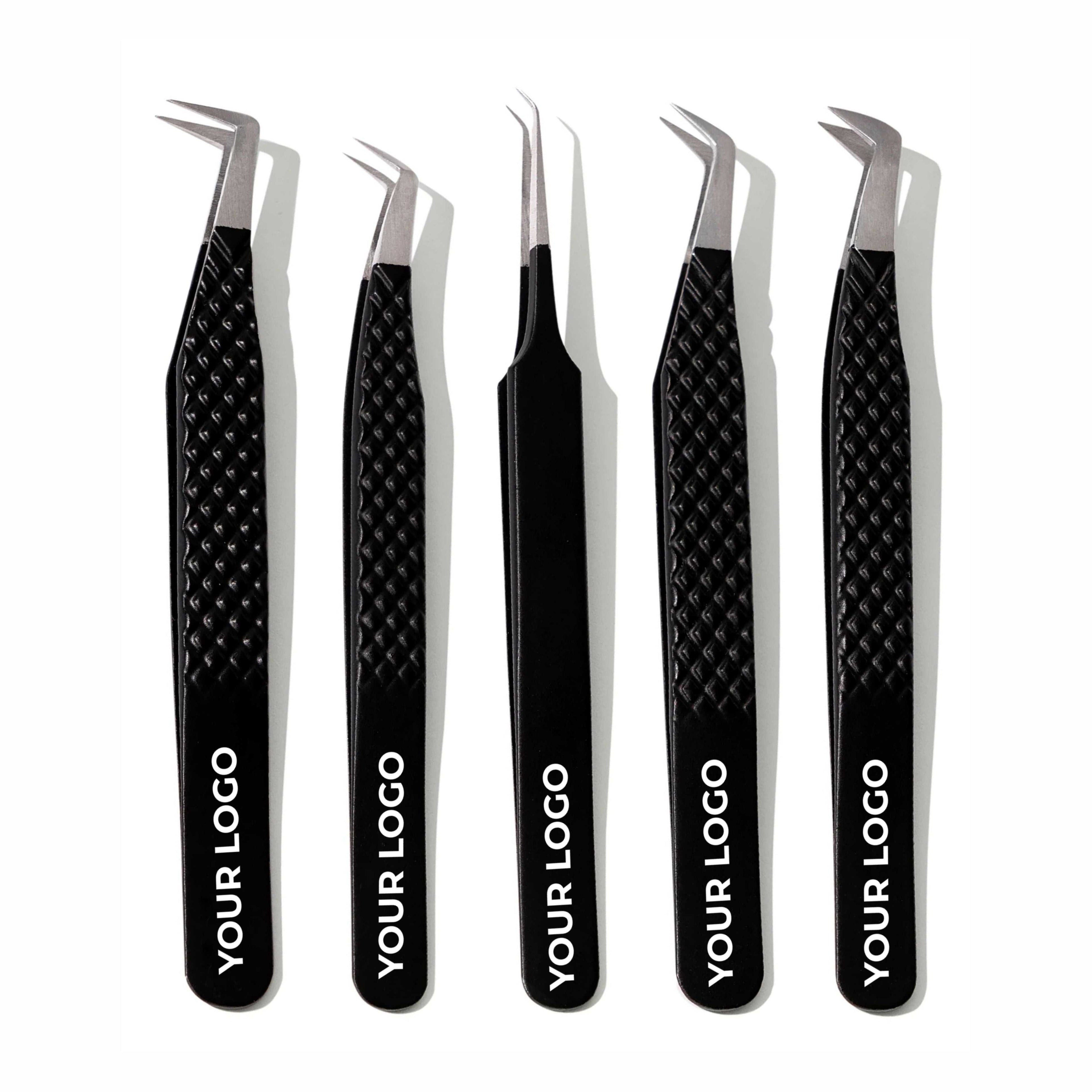 Custom Logo Lash Tweezers – Pack of 5 Professional Eyelash Extension Tools (Wholesale)
