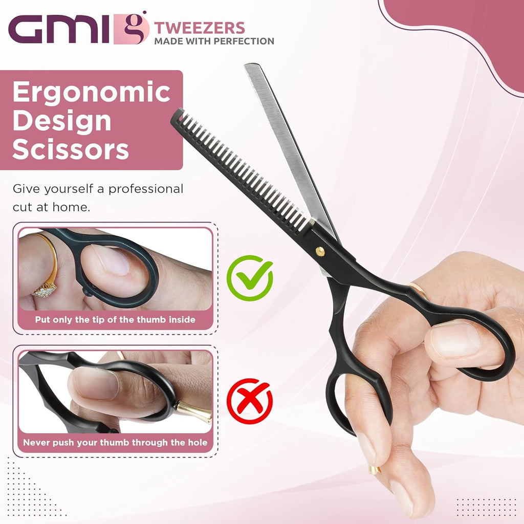 GMI-TWEEZERS™-Hair Cutting Scissors for Professionals, and Home Use -Professional Barber Scissors-Hair Scissors for Men and Women-Thinning Shears for Hair Cutting Set-Pack of 2 (Black)