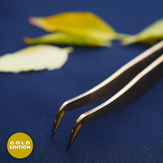 yelash Extension Tweezers - Stainless Steel Eyelash extension Tweezer - Eyelash extension kit for volume - False Eyelash Applicator tool - L-Shaped (Boot) - Golden