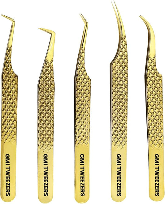 GMI Lash Tweezers - Set of 5 Eyelash Tweezers- Stainless Steel Extension Multipurpose for Extensions Individual. (Gold)