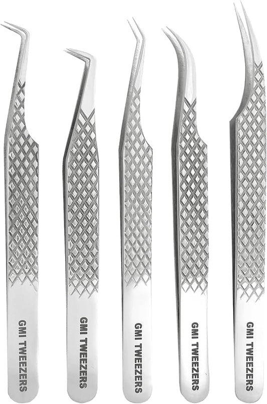 GMI Lash Tweezers - Set of 5 Eyelash Tweezers - Stainless Steel Eyelash Extension Tweezers - Multipurpose Lash Tweezers for Eyelash Extensions for Individual (Silver)