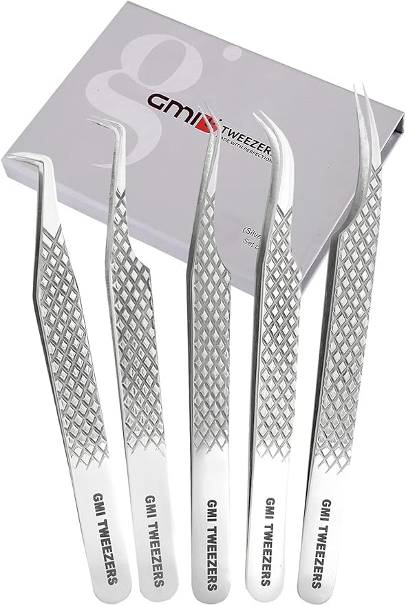 GMI Lash Tweezers - Set of 5 Eyelash Tweezers - Stainless Steel Eyelash Extension Tweezers - Multipurpose Lash Tweezers for Eyelash Extensions for Individual (Silver)