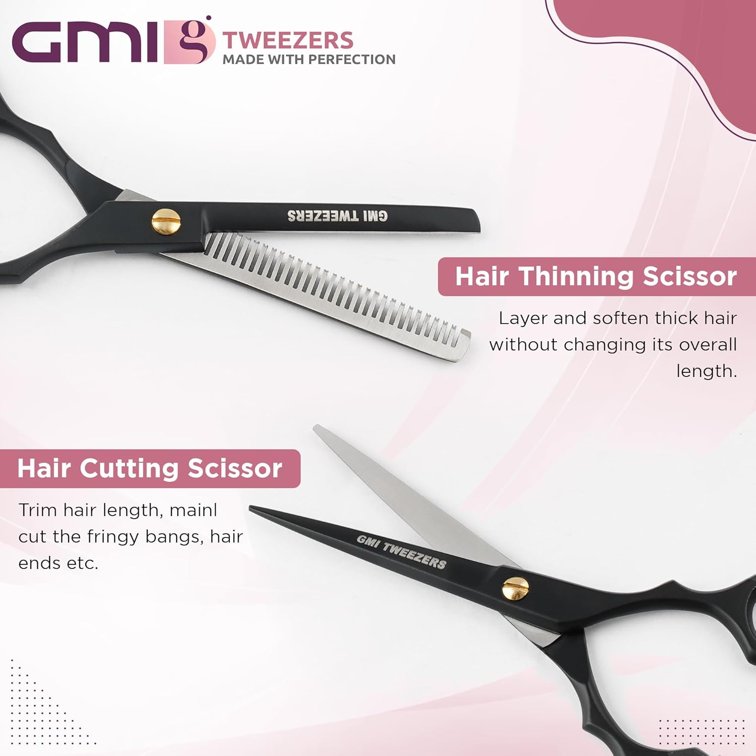 GMI-TWEEZERS™-Hair Cutting Scissors for Professionals, and Home Use -Professional Barber Scissors-Hair Scissors for Men and Women-Thinning Shears for Hair Cutting Set-Pack of 2 (Black)