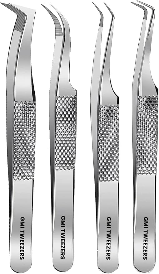 GMI Lash Tweezers – Pack of 4 Stainless Steel Fiber Tip Eyelash Extension Tweezers - Silver