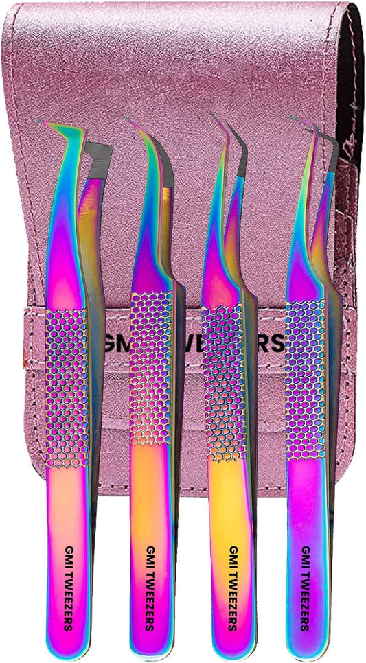 Fiber Tip Lash Tweezers- Pack of 4 Eyelash Extension Tweezers Professional- Lash Tweezers - 	Multicolor