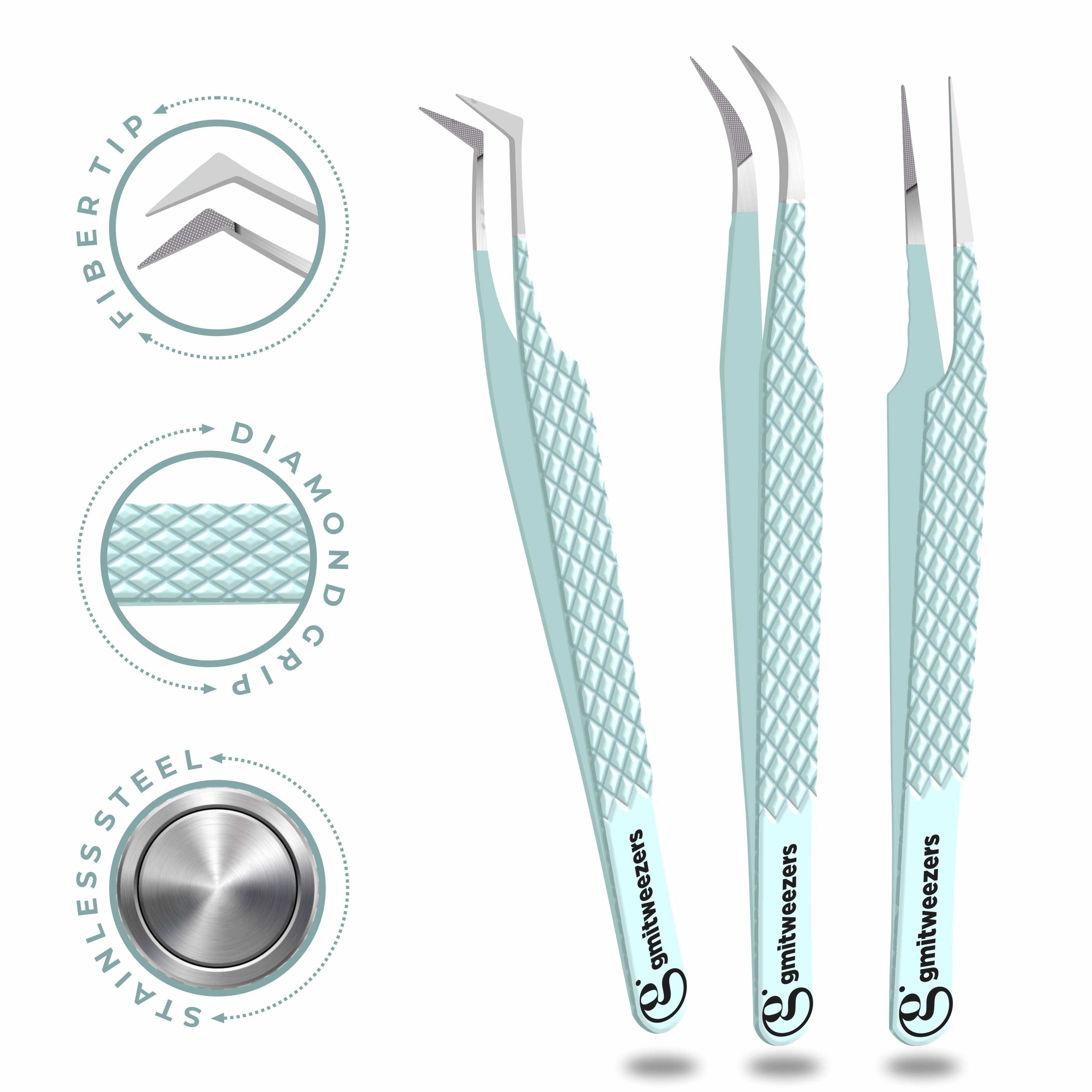 Fiber Tip Lash Tweezers- Pack of 3 Eyelash Extension Tweezers Professional- Lash Tweezers. (Apple Green)