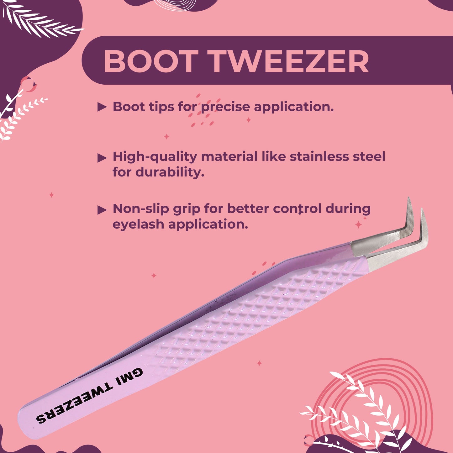 Boot Eyelash Tweezers Precision Lash Applicator & Styling Tool (Pink)