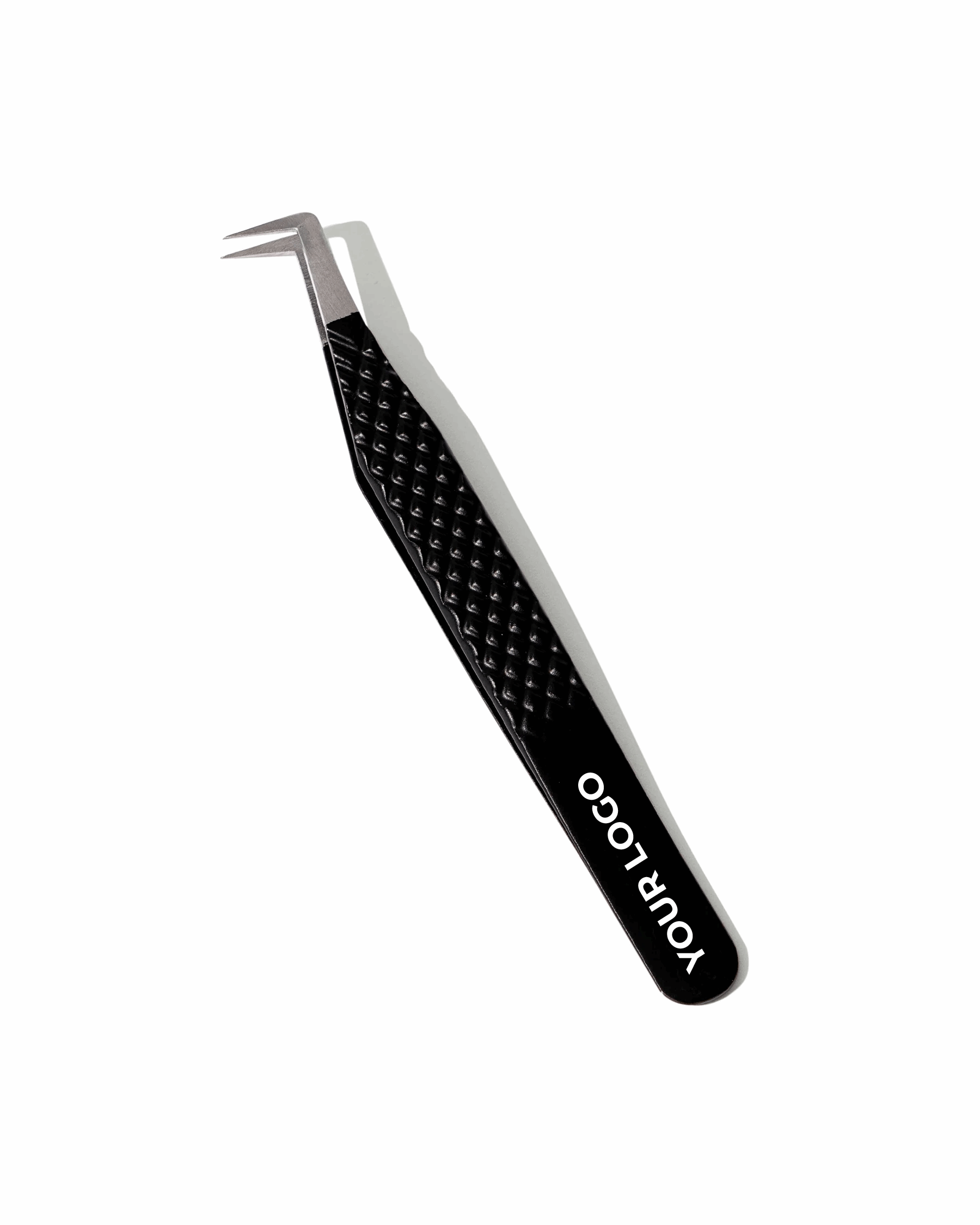 Black and silver tweezers with 'YOUR LOGO' on a white background