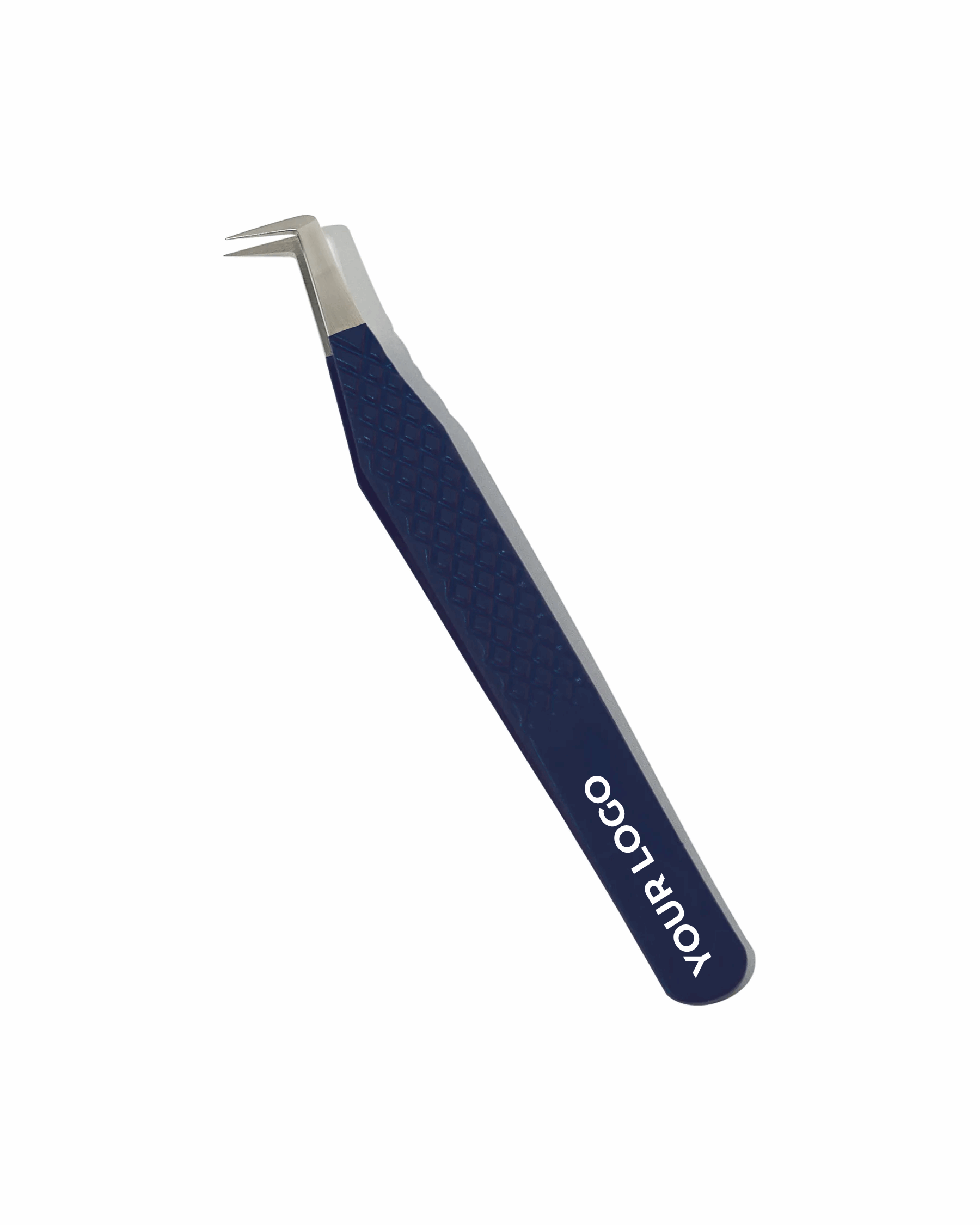 Blue and silver tweezers with 'YOUR LOGO' 