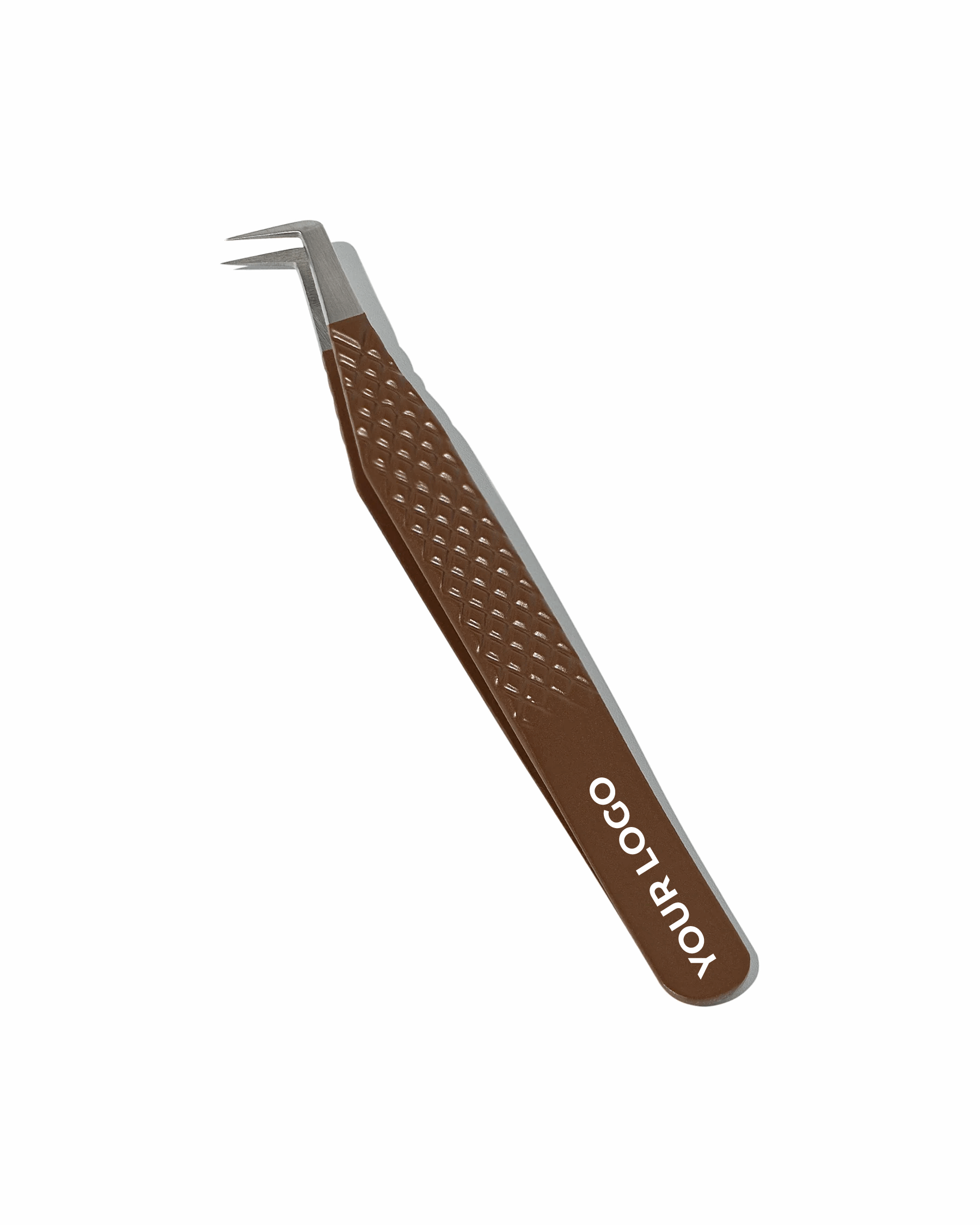 Brown tweezers with a textured handle on a white background