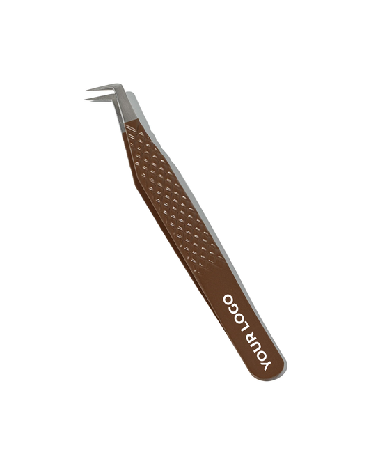 Brown tweezers with a textured handle on a white background