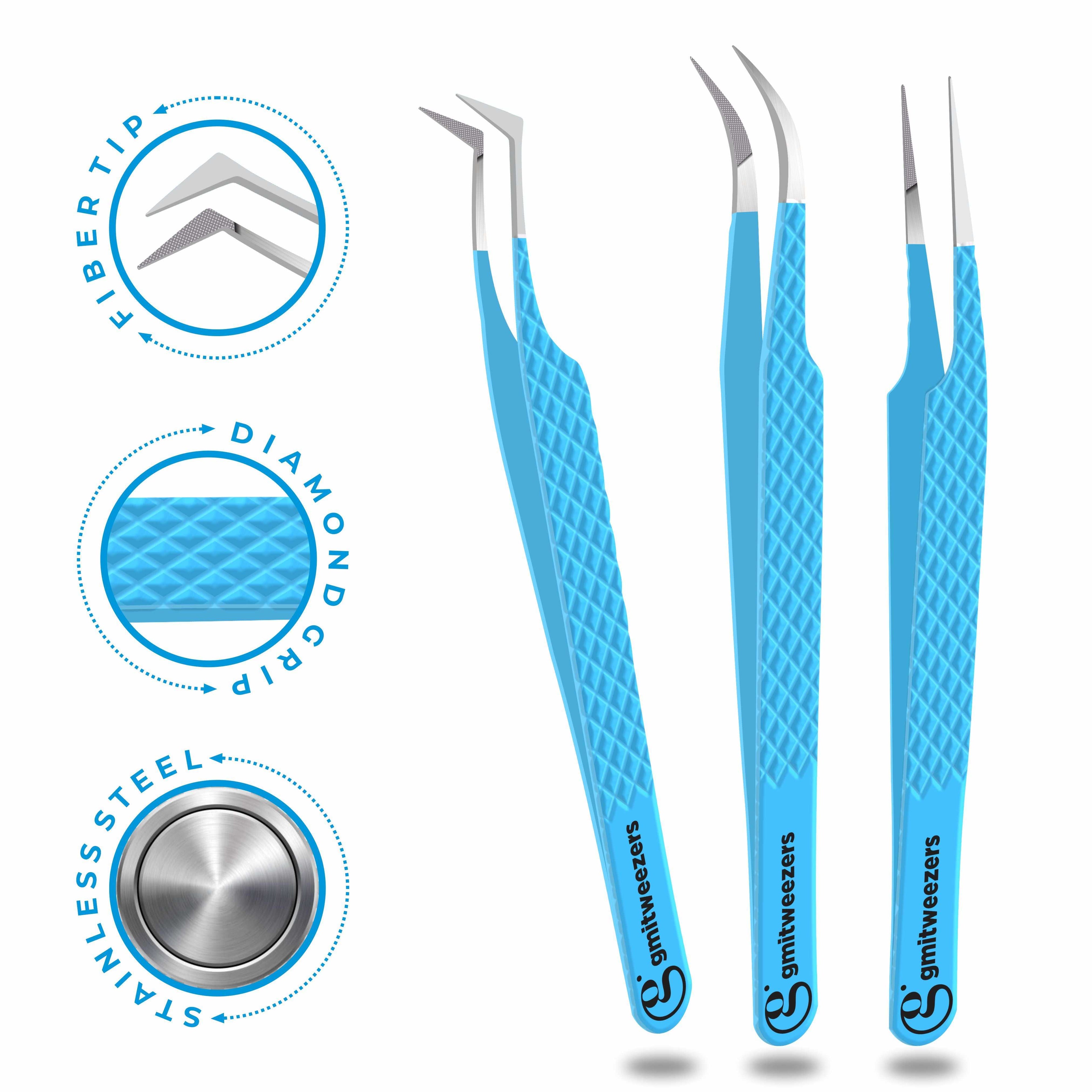 Pack of 3 Professional Fiber Tip Lash Tweezers – Precision Eyelash Extension Tweezers (FIROZI)