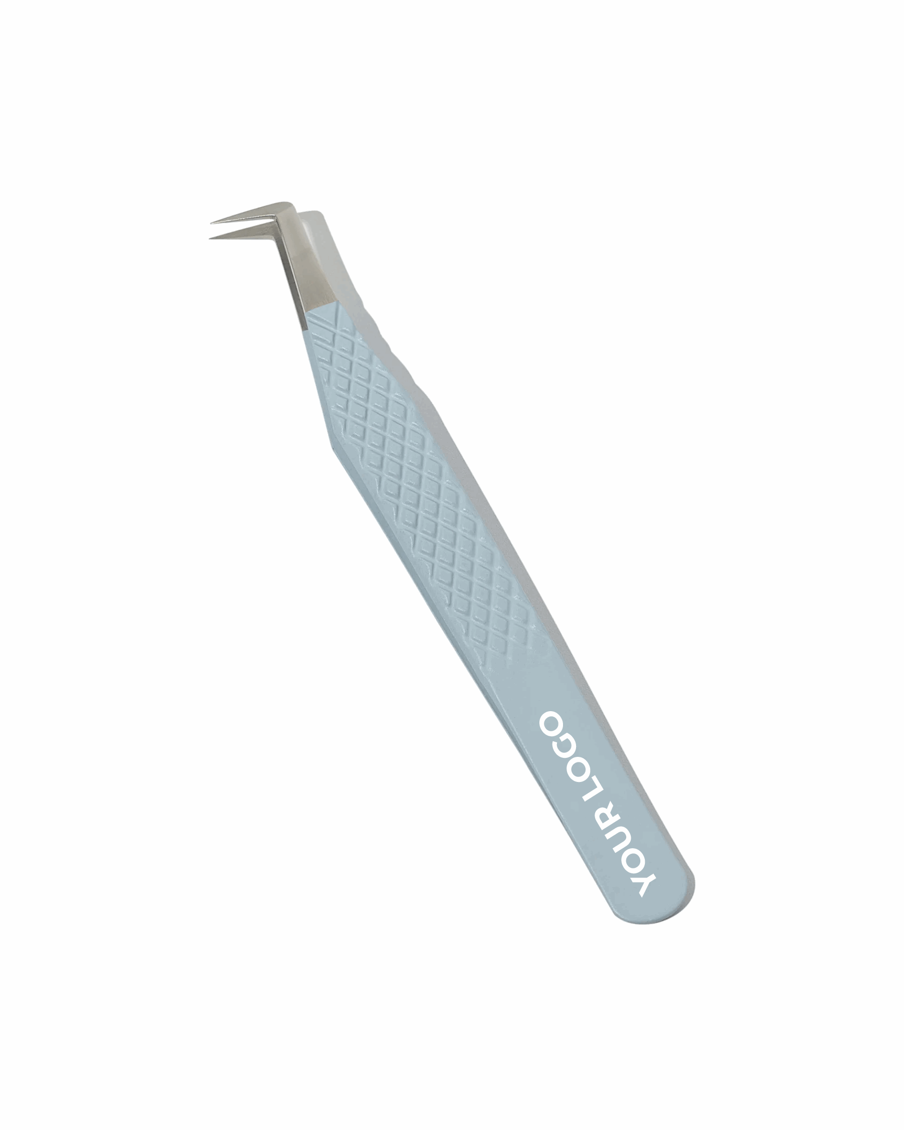Light blue tweezers with a textured handle on a white background