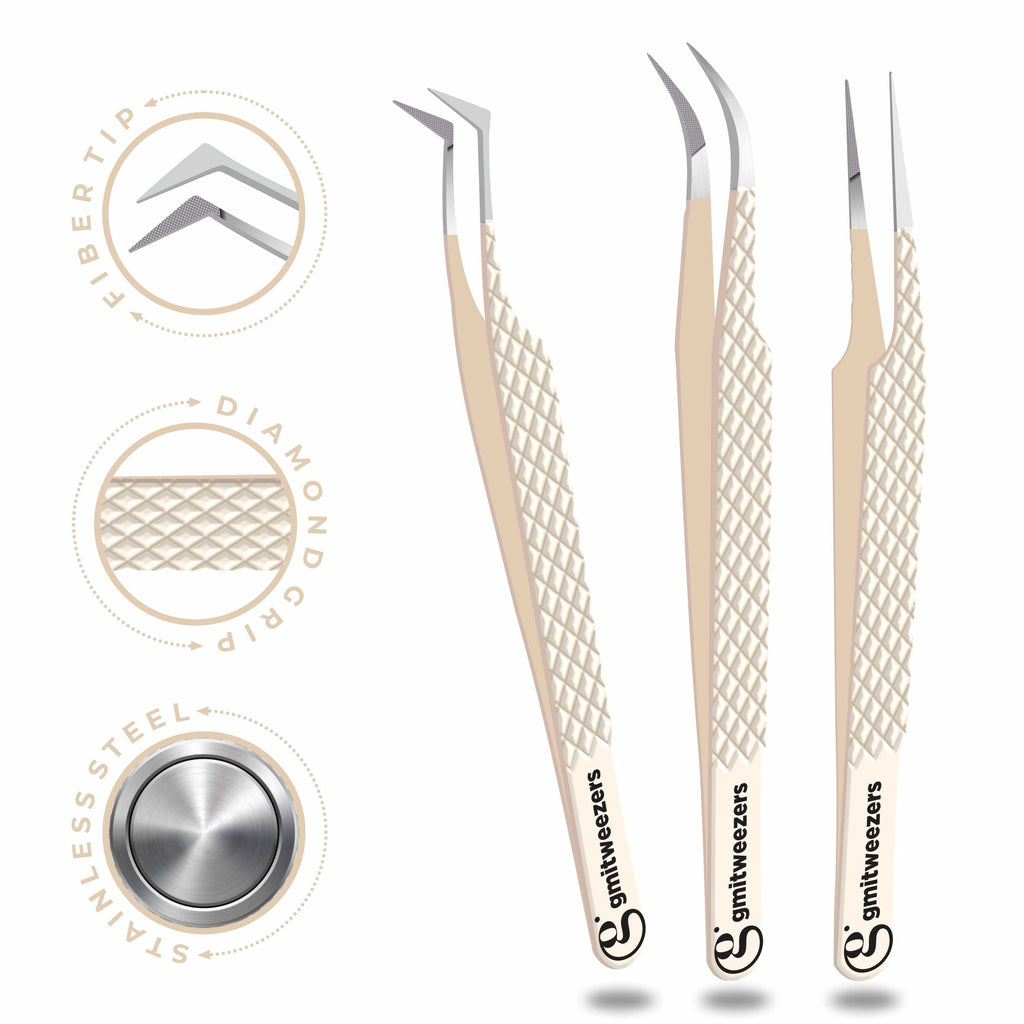 Fiber Tip Lash Tweezers- Pack of 3 Eyelash Extension Tweezers Professional- Lash Tweezers. (Light Nude)