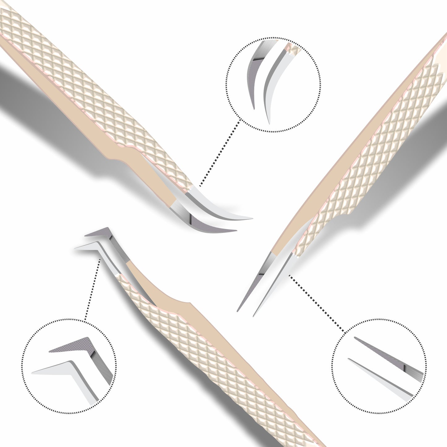 Fiber Tip Lash Tweezers- Pack of 3 Eyelash Extension Tweezers Professional- Lash Tweezers. (Light Nude)