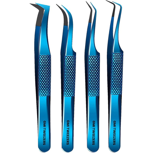 GMI Lash Tweezers – Pack of 4 Stainless Steel Fiber Tip Eyelash Extension Tweezers