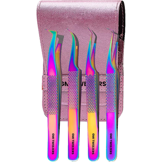 Fiber Tip Lash Tweezers- Pack of 4 Eyelash Extension Tweezers Professional- Lash Tweezers - 	Multicolor