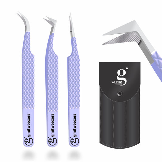 Fiber Tip Lash Tweezers- Pack of 3 Eyelash Extension Tweezers Professional- Lash Tweezers. (Mauve Purple)