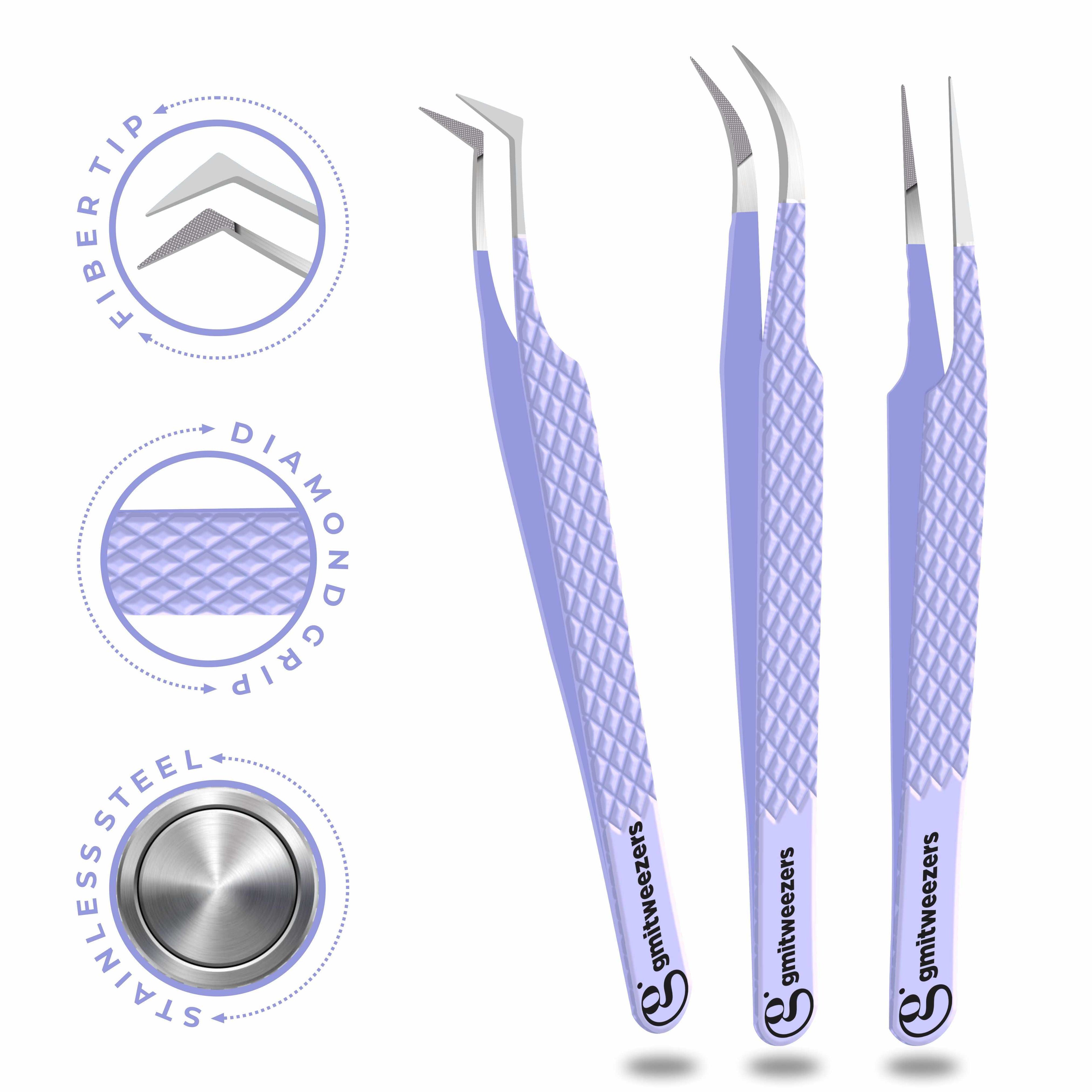 Fiber Tip Lash Tweezers- Pack of 3 Eyelash Extension Tweezers Professional- Lash Tweezers. (Mauve Purple)