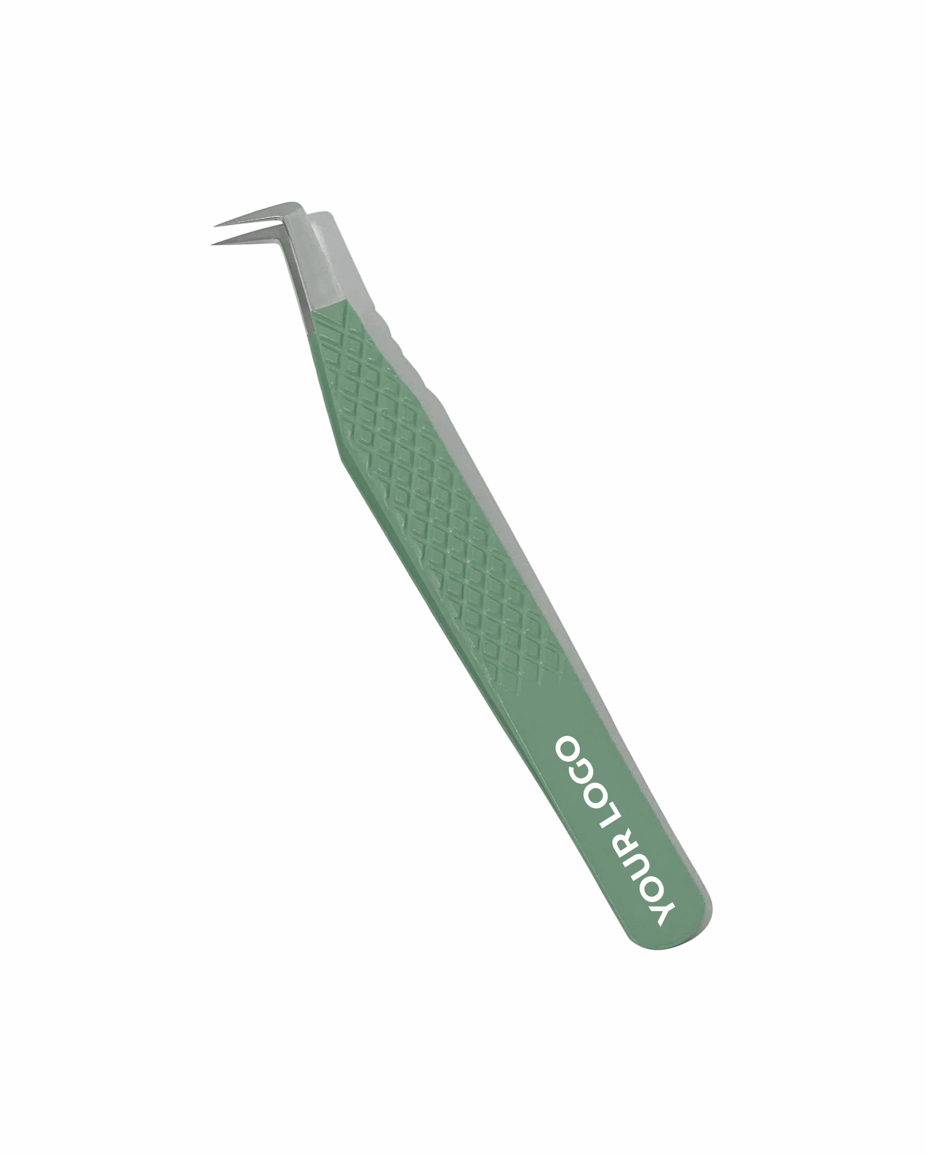 Green tweezers with textured handle on a white background