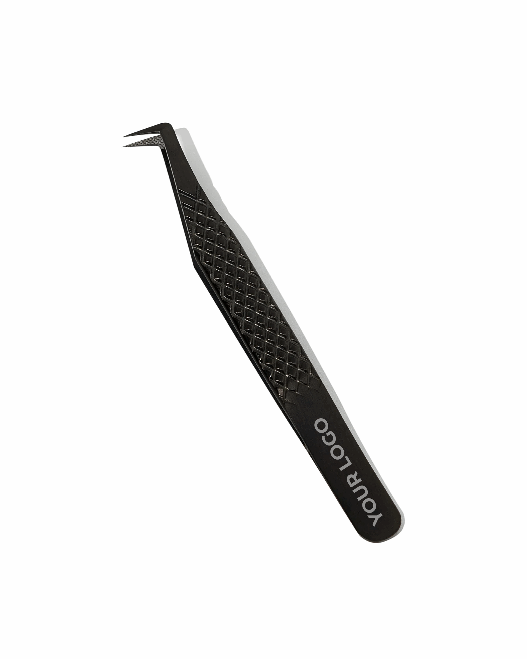 Black tweezers with a textured handle on a white background