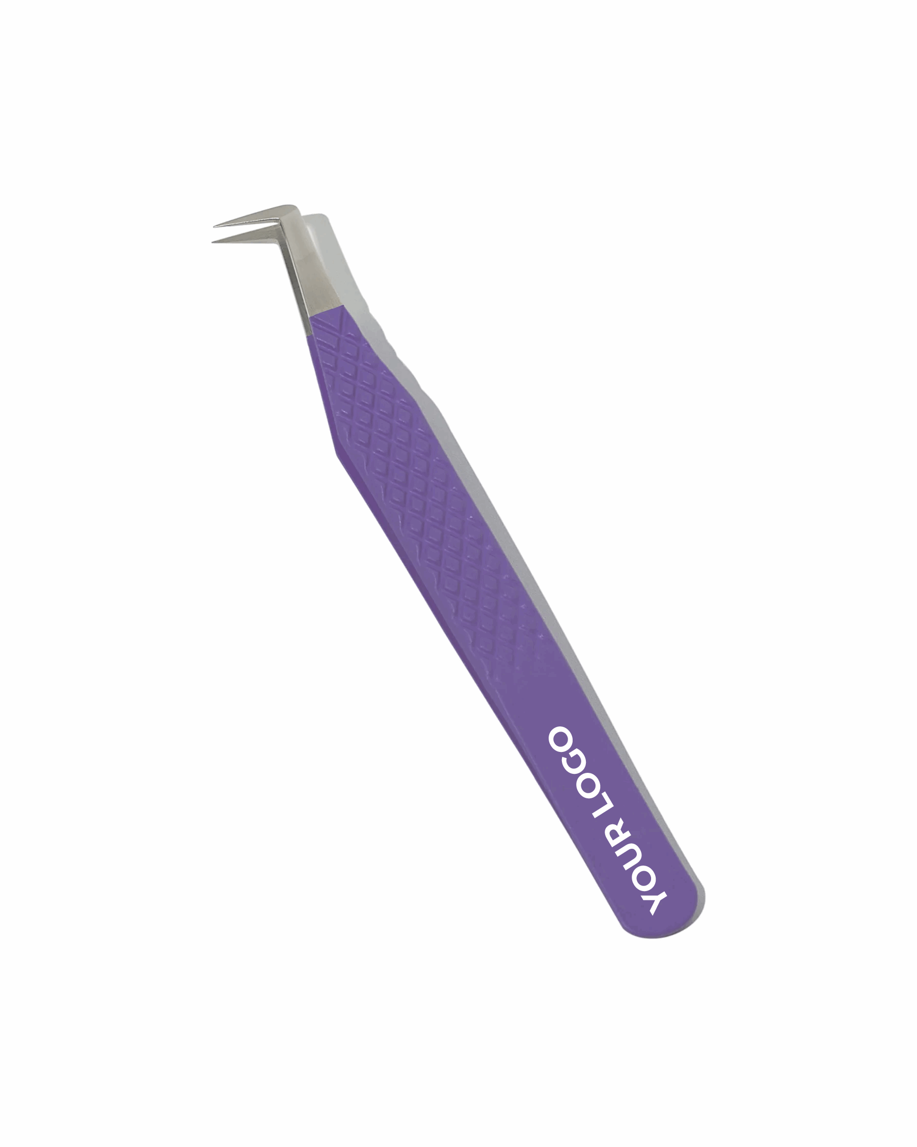 Purple tweezers with a silver tip on a white background