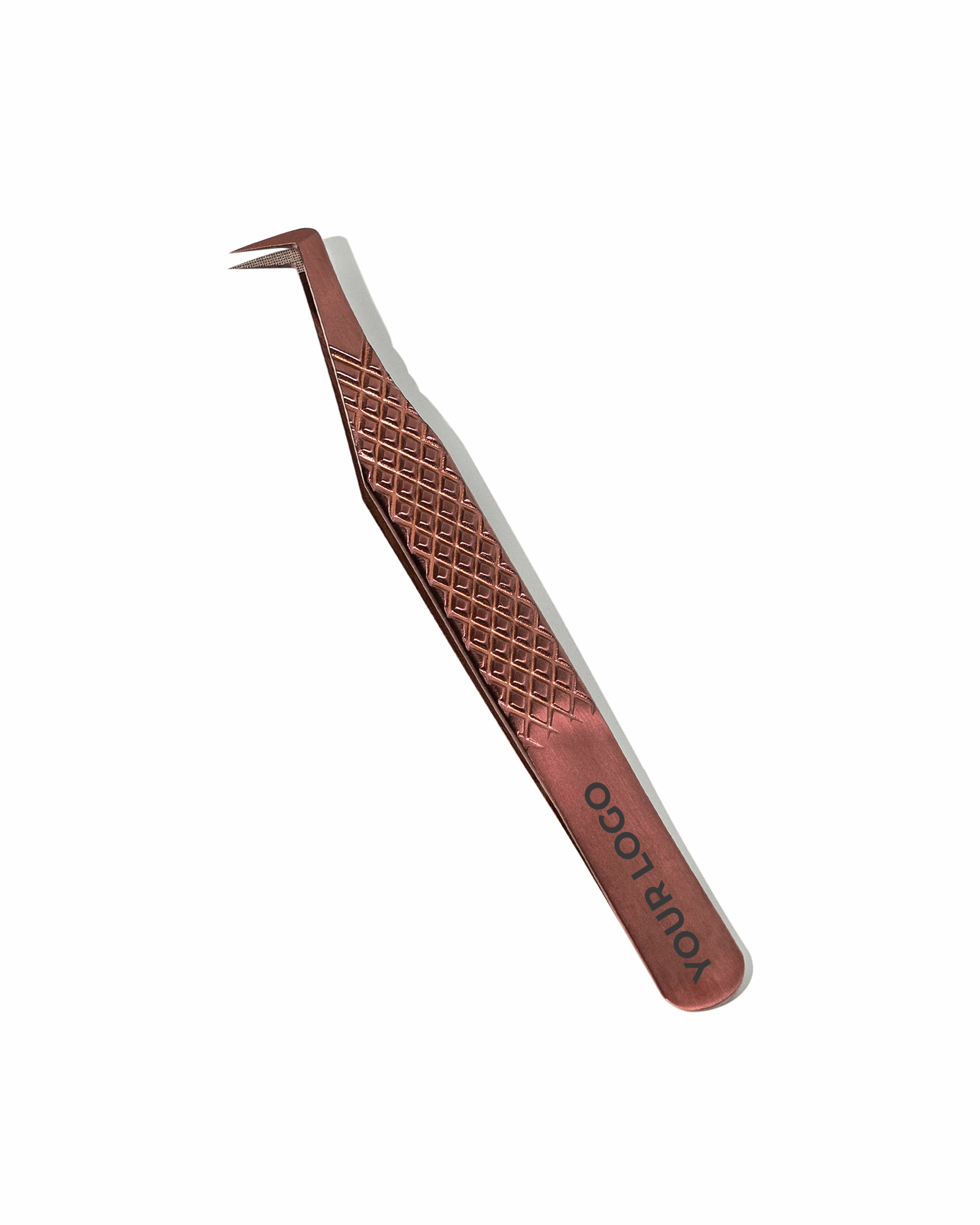 Pair of tweezers with a rose gold handle on a white background