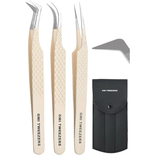 Fiber Tip Lash Tweezers- Pack of 3 Eyelash Extension Tweezers Professional- Lash Tweezers. (Light Nude)